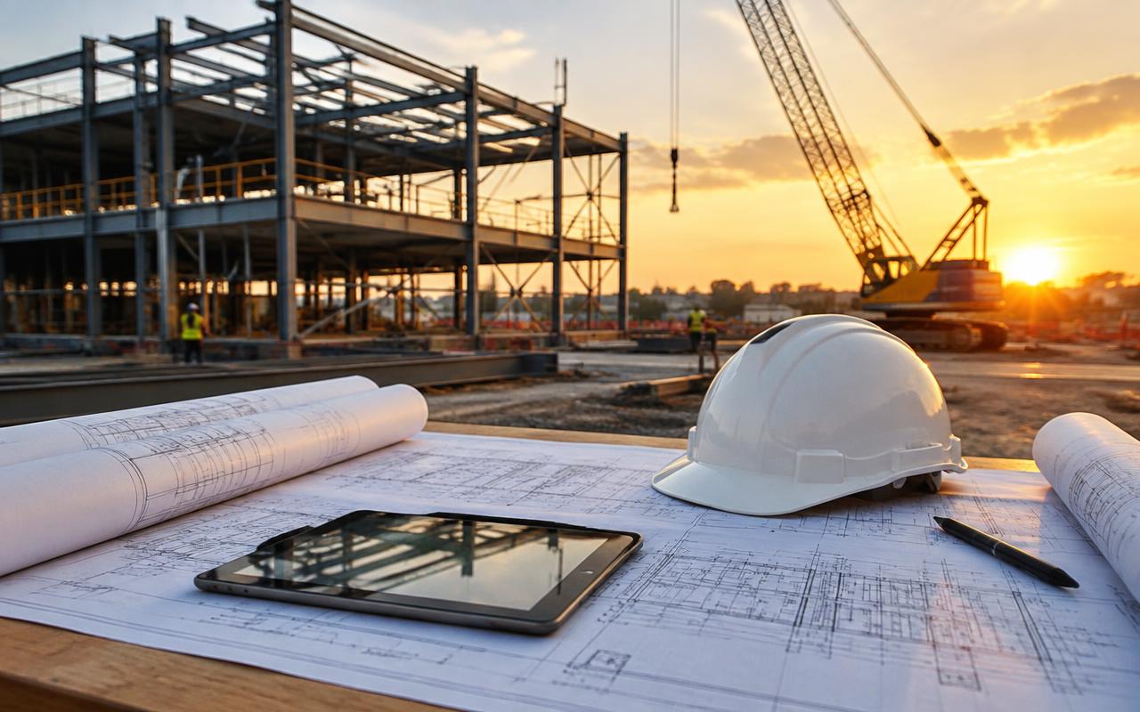 Construction site with blueprints